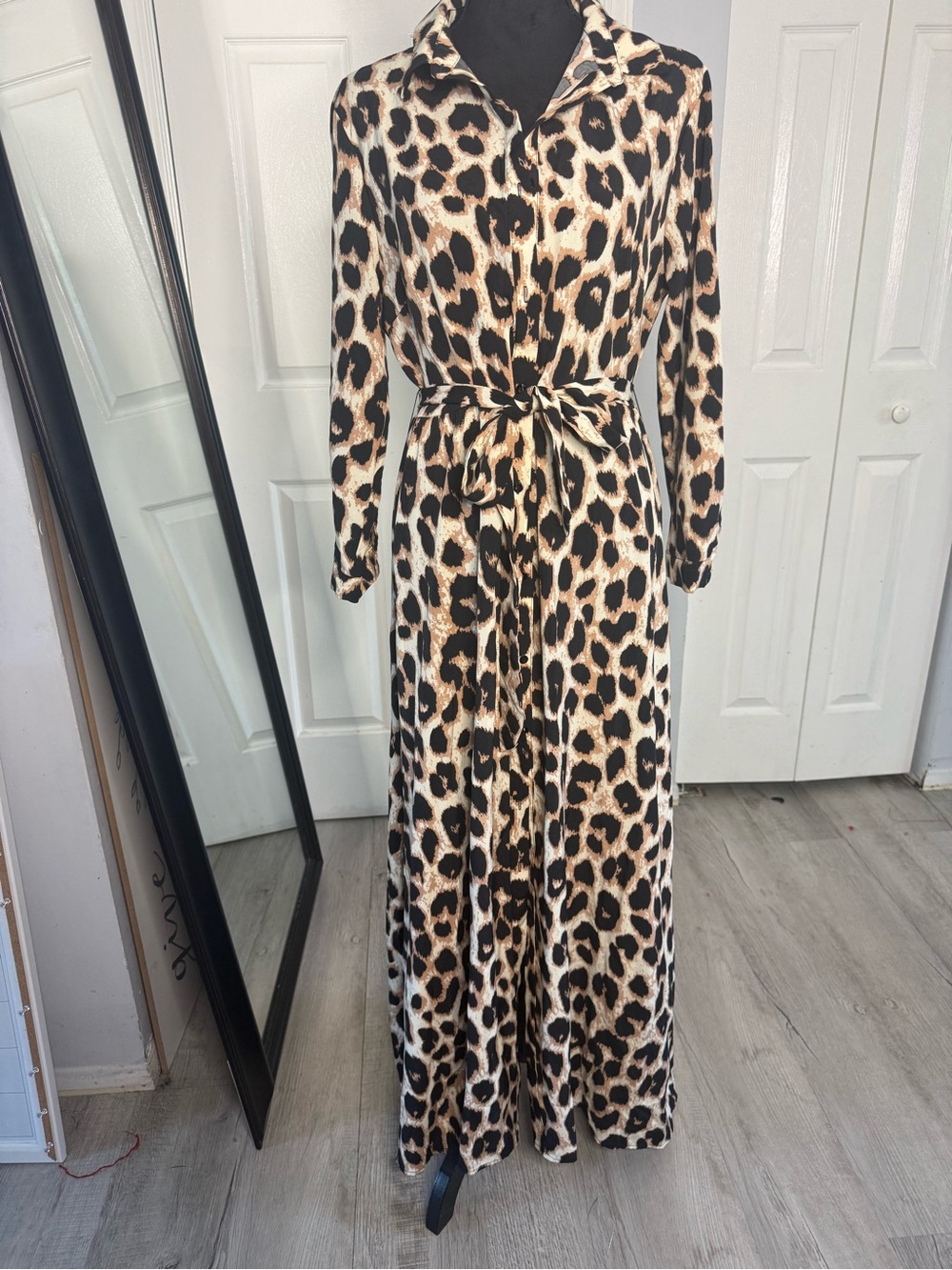 SHEIN Leopard Print Maxi Shirt Dress - Cream & Black